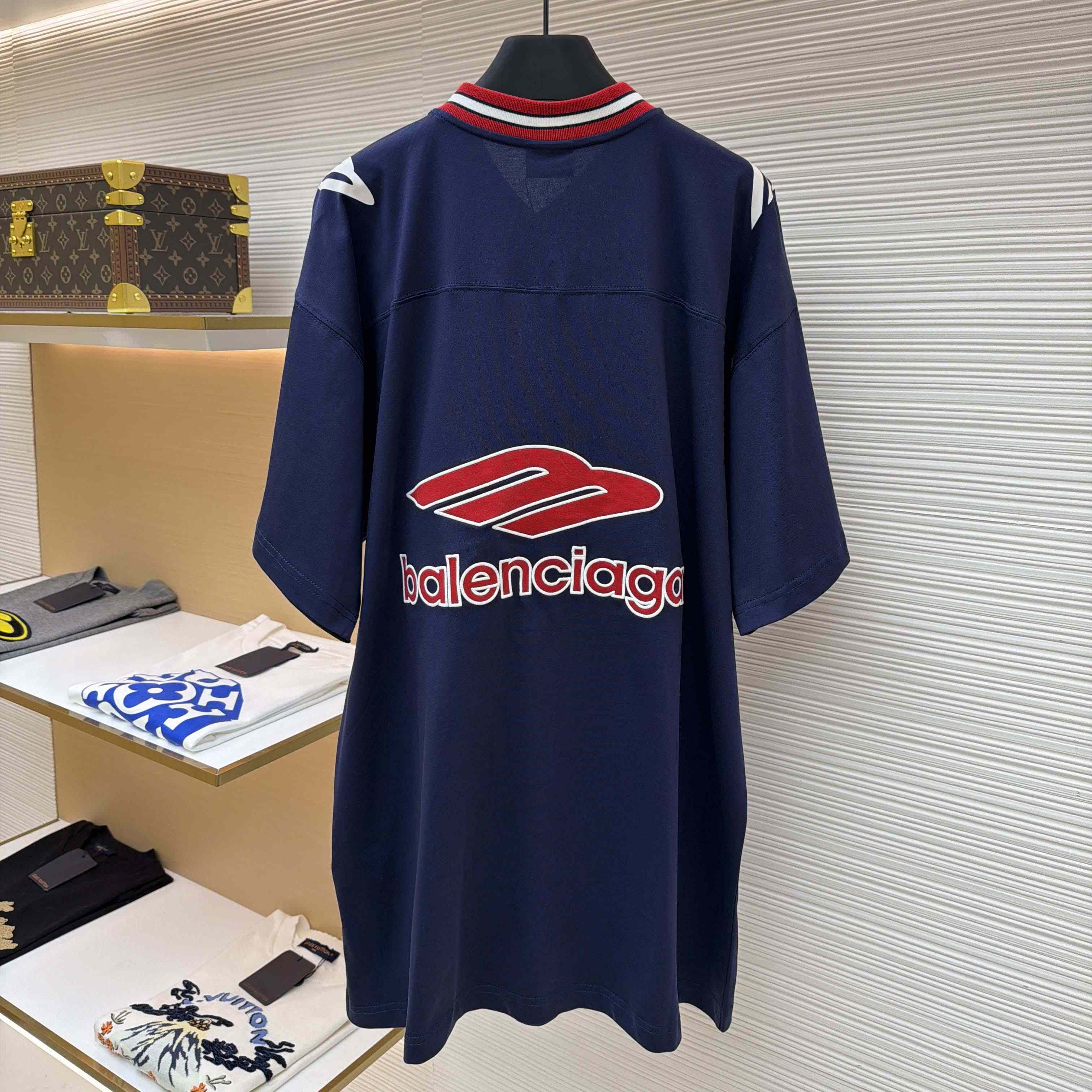 Balenciaga B Football V-Neck T-Shirt Oversized In Dark Navy - DesignerGu