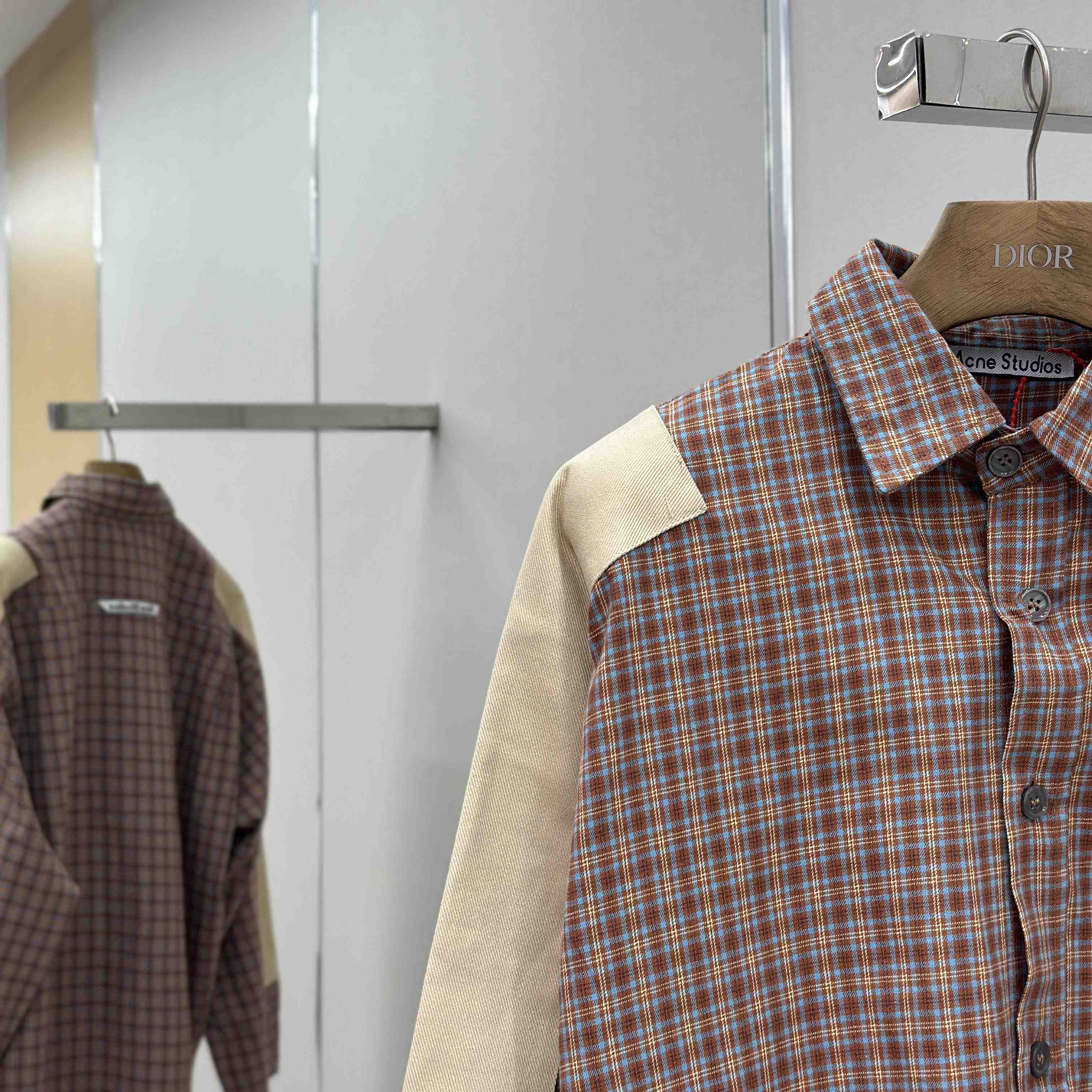 Acne Studios Brown Relaxed Checked Flannel Shirt with Striped Arm Panel - DesignerGu