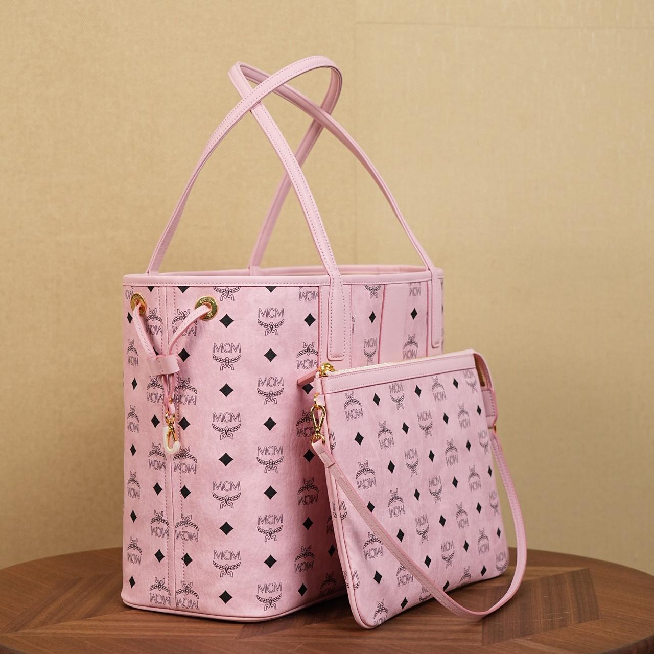 MCM Medium Liz Shopper in Visetos Pink - DesignerGu