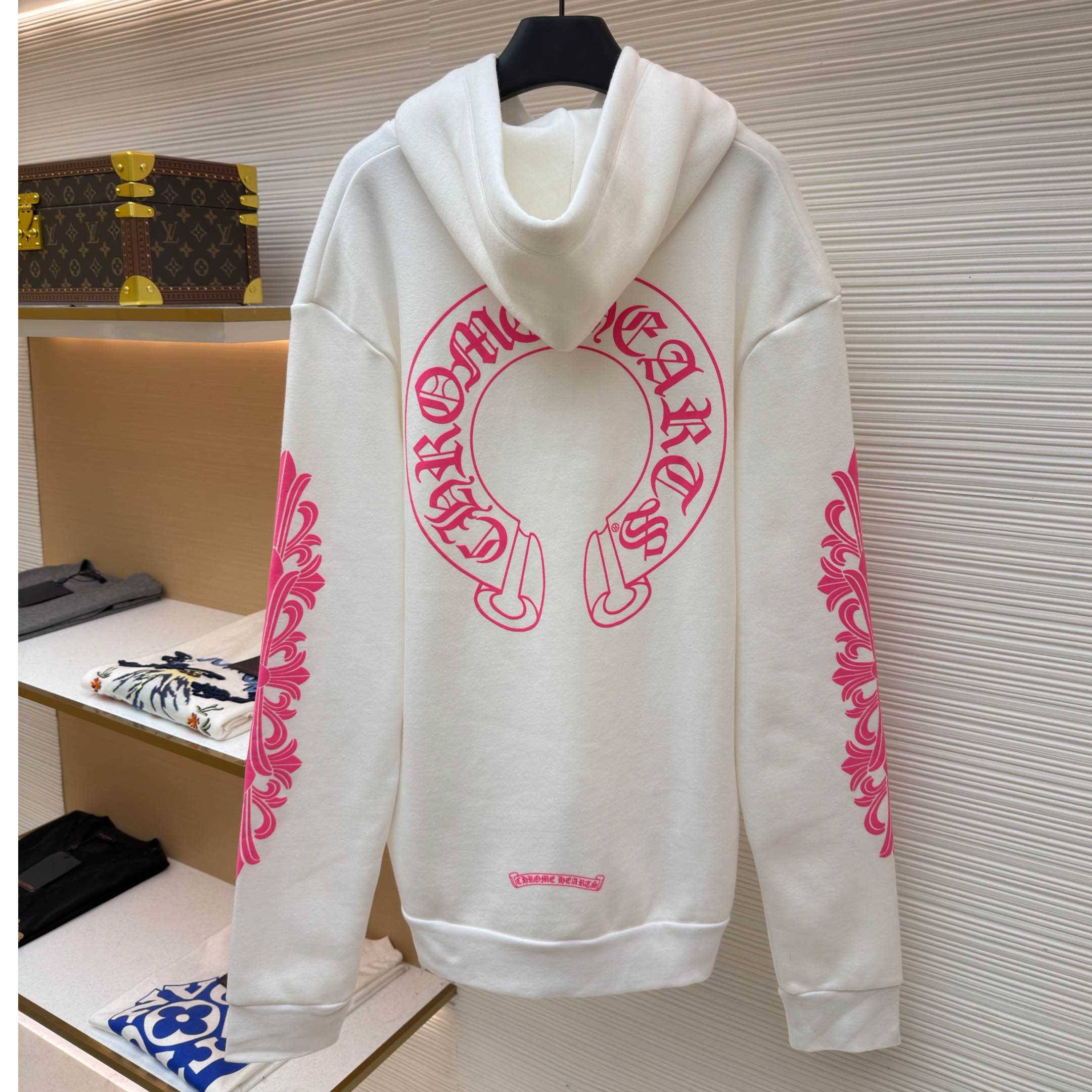 Chrome Hearts Pink Horseshoe Floral Sleeve Pullover Hoodie - DesignerGu