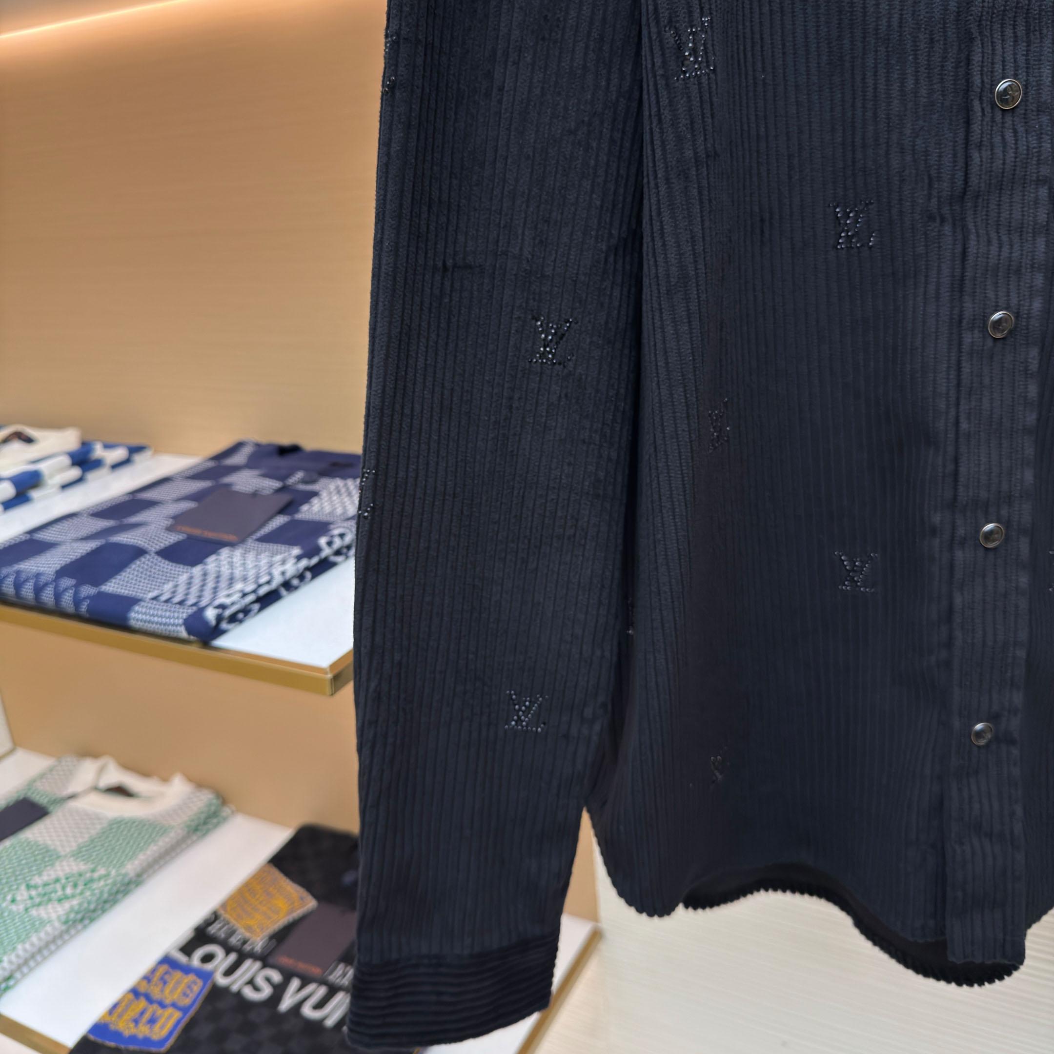 Louis Vuitton Long-Sleeved LV Blason Embellished Corduroy Shirt - DesignerGu