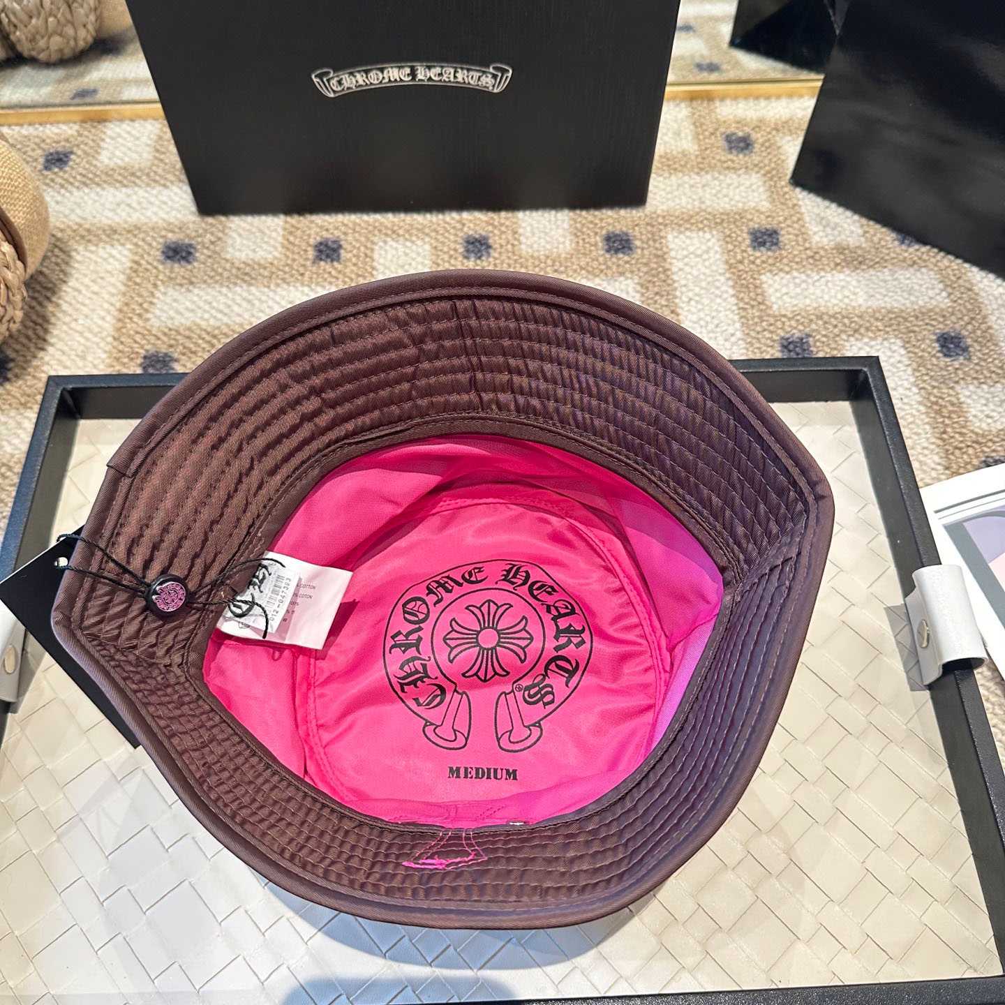 Chrome Heart Pink Leather Cross Patch Brown Bucket Hat - DesignerGu