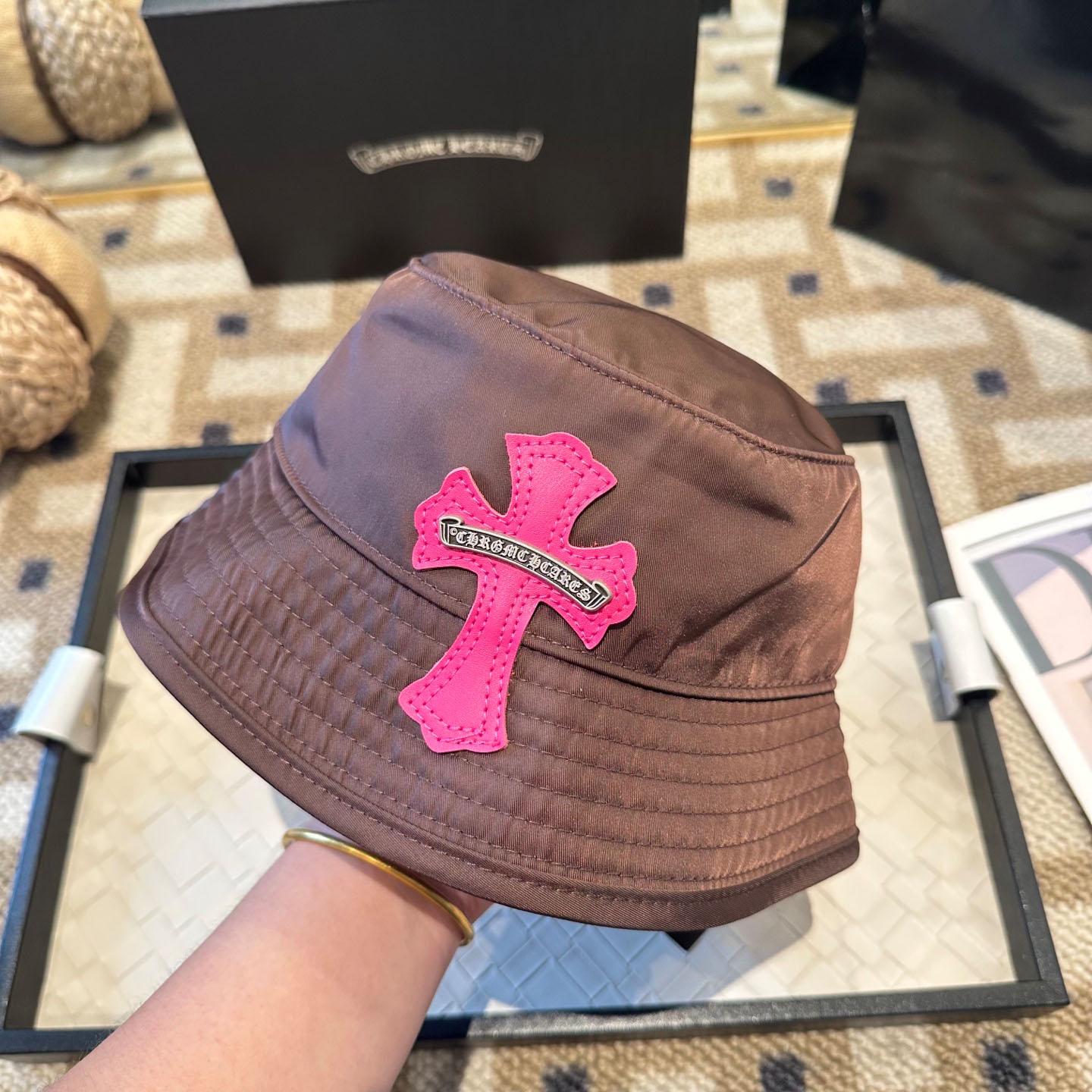 Chrome Heart Pink Leather Cross Patch Brown Bucket Hat - DesignerGu