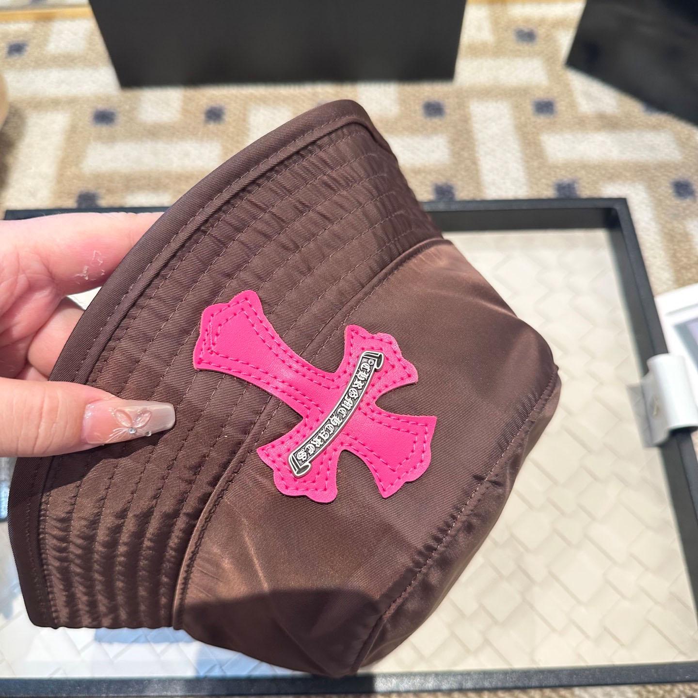 Chrome Heart Pink Leather Cross Patch Brown Bucket Hat - DesignerGu