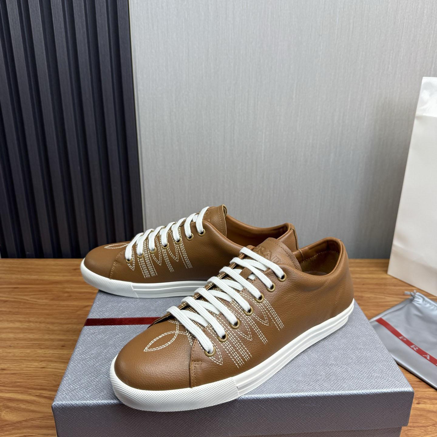 Prada Decorative-Stitching Leather Low-Top Sneakers - DesignerGu