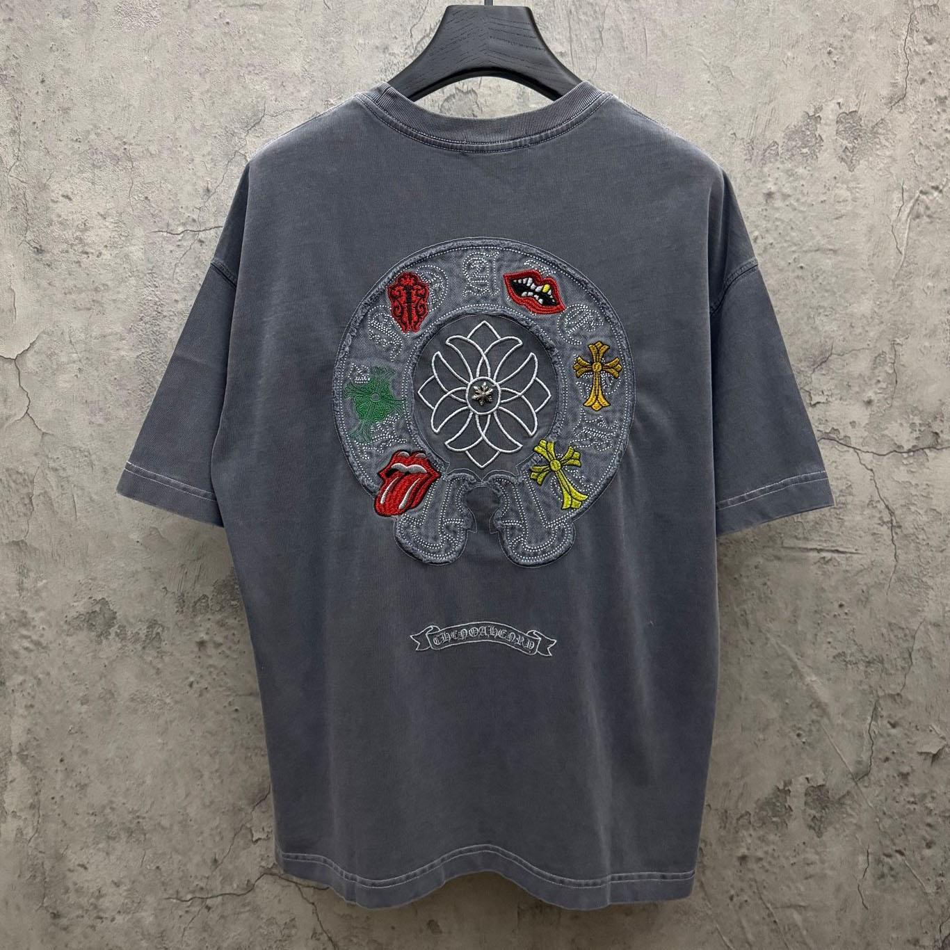 Chrome Hearts Horseshoe Cross Lips Patch Embroidered Crewneck Tee 'Grey' - DesignerGu