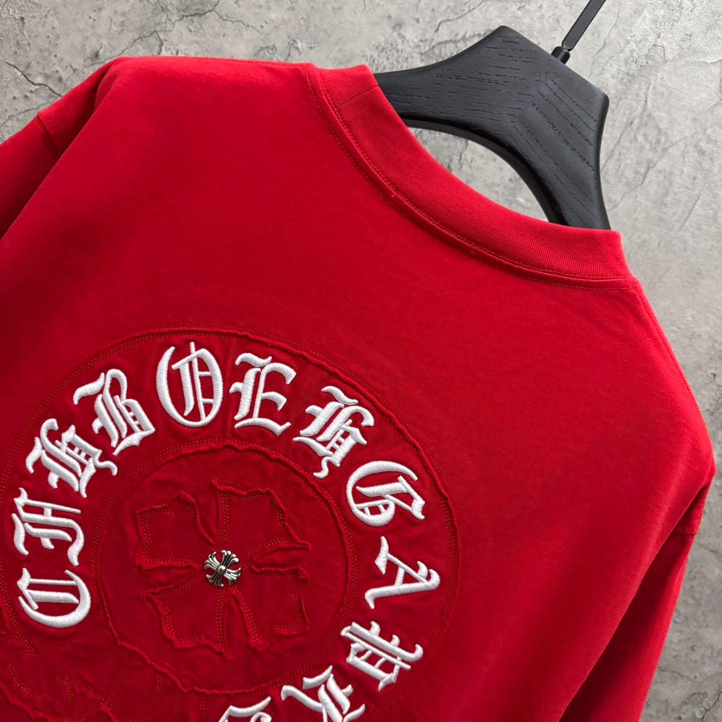 Chrome Hearts Red Sanskrit Horseshoe Embroidered  T-Shirt - DesignerGu
