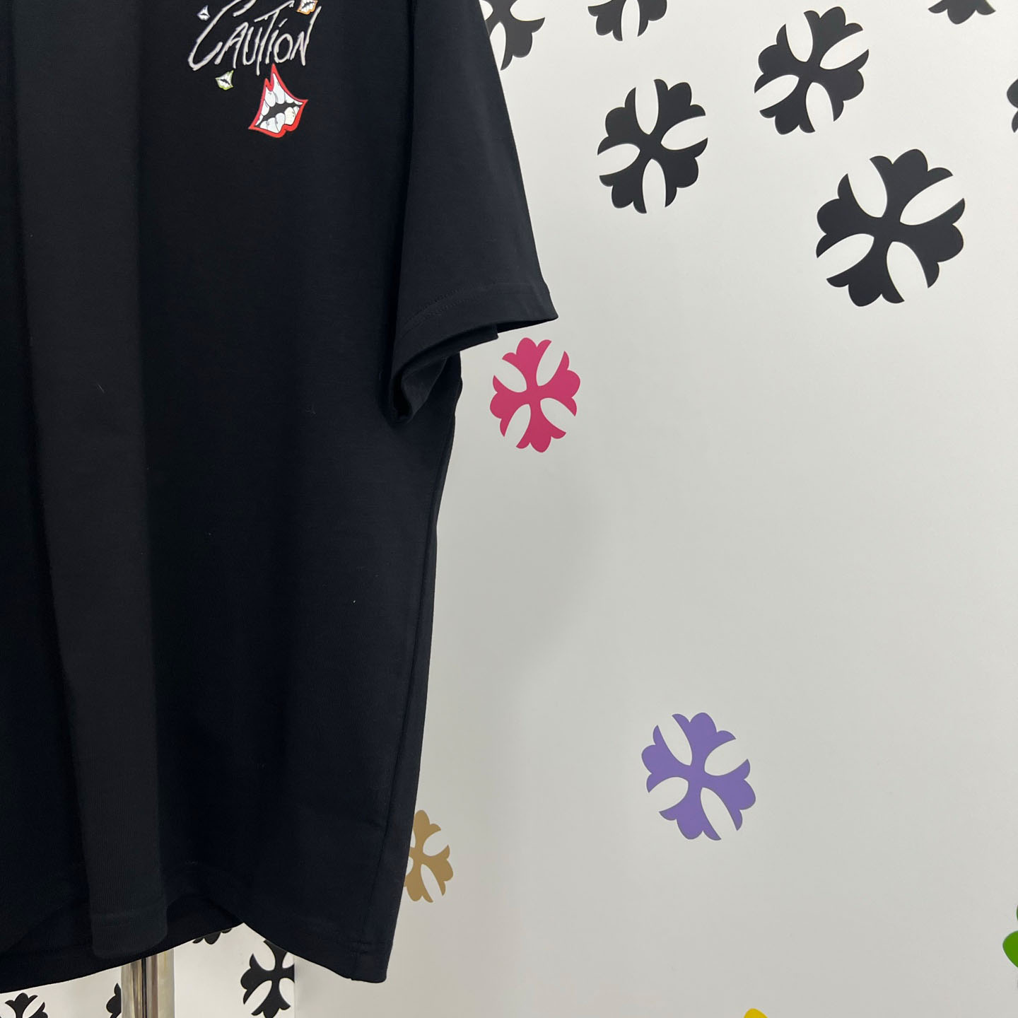 Chrome Hearts Double-Sided CAUTION Script Lips Cross Print Tee - DesignerGu