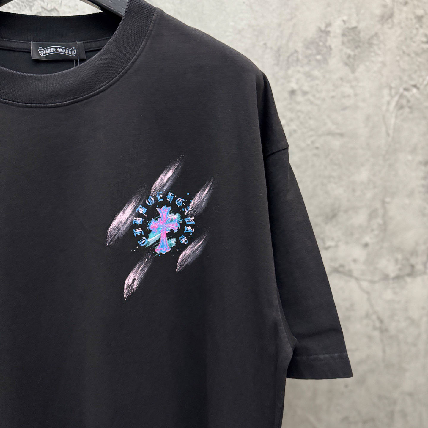 Chrome Hearts Watercolor Graffiti Cross Print Crew Neck T-Shirt - DesignerGu