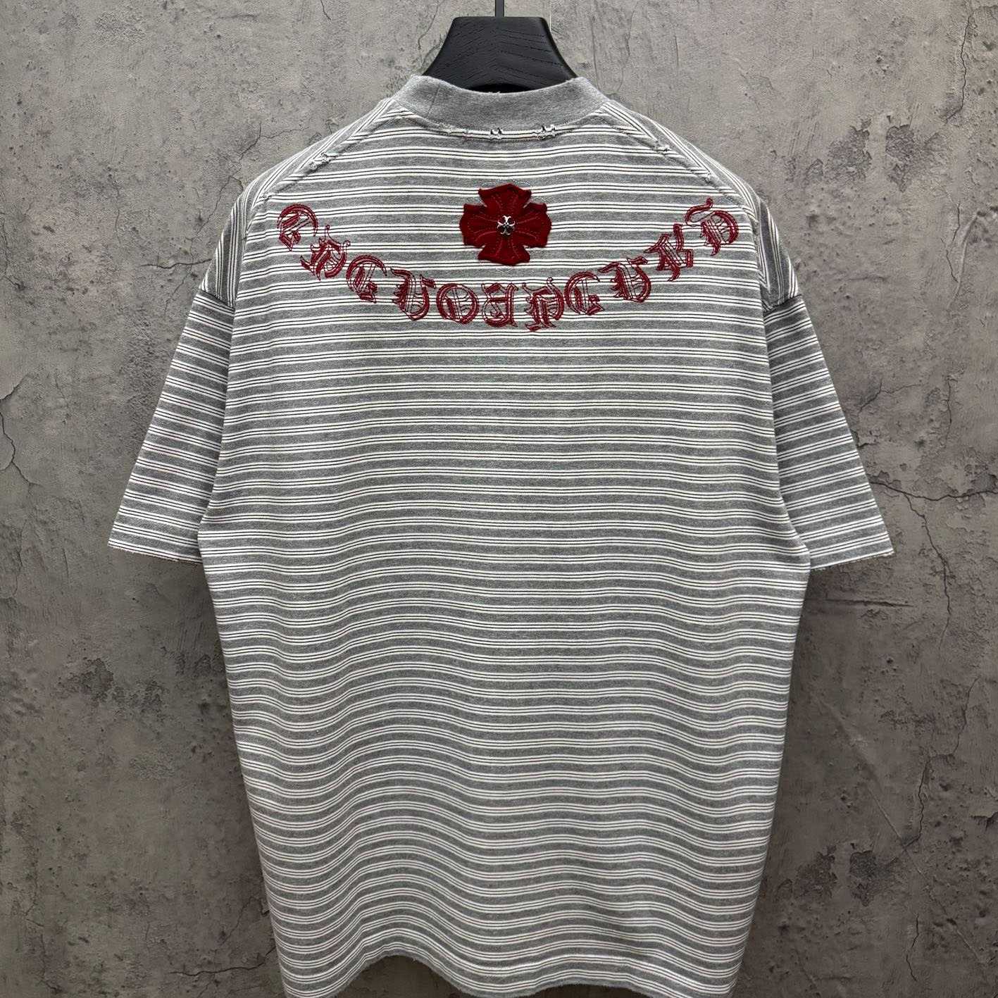 Chrome Hearts Striped Cross Sanskrit Embroidery Crew Neck T-Shirt - DesignerGu