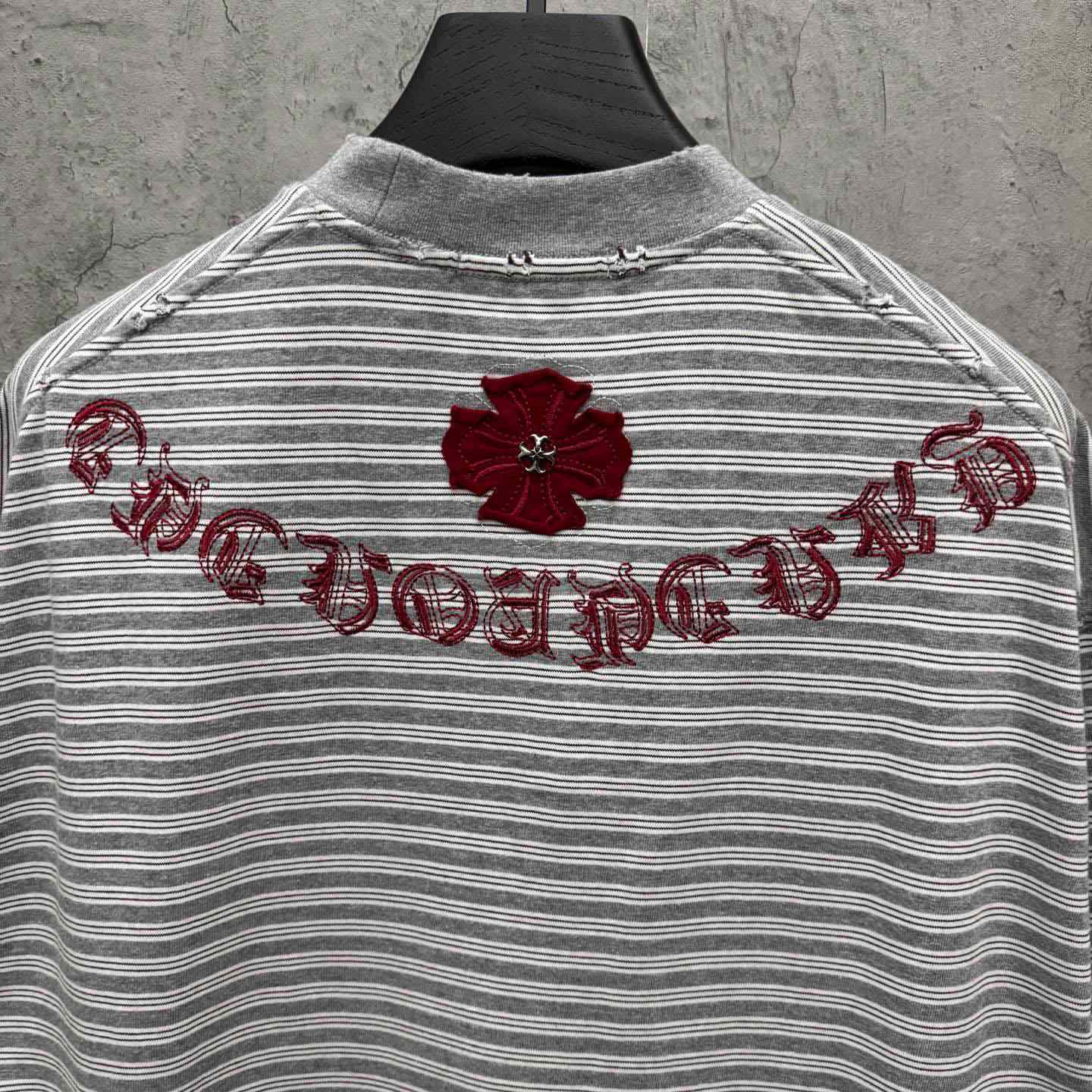 Chrome Hearts Striped Cross Sanskrit Embroidery Crew Neck T-Shirt - DesignerGu