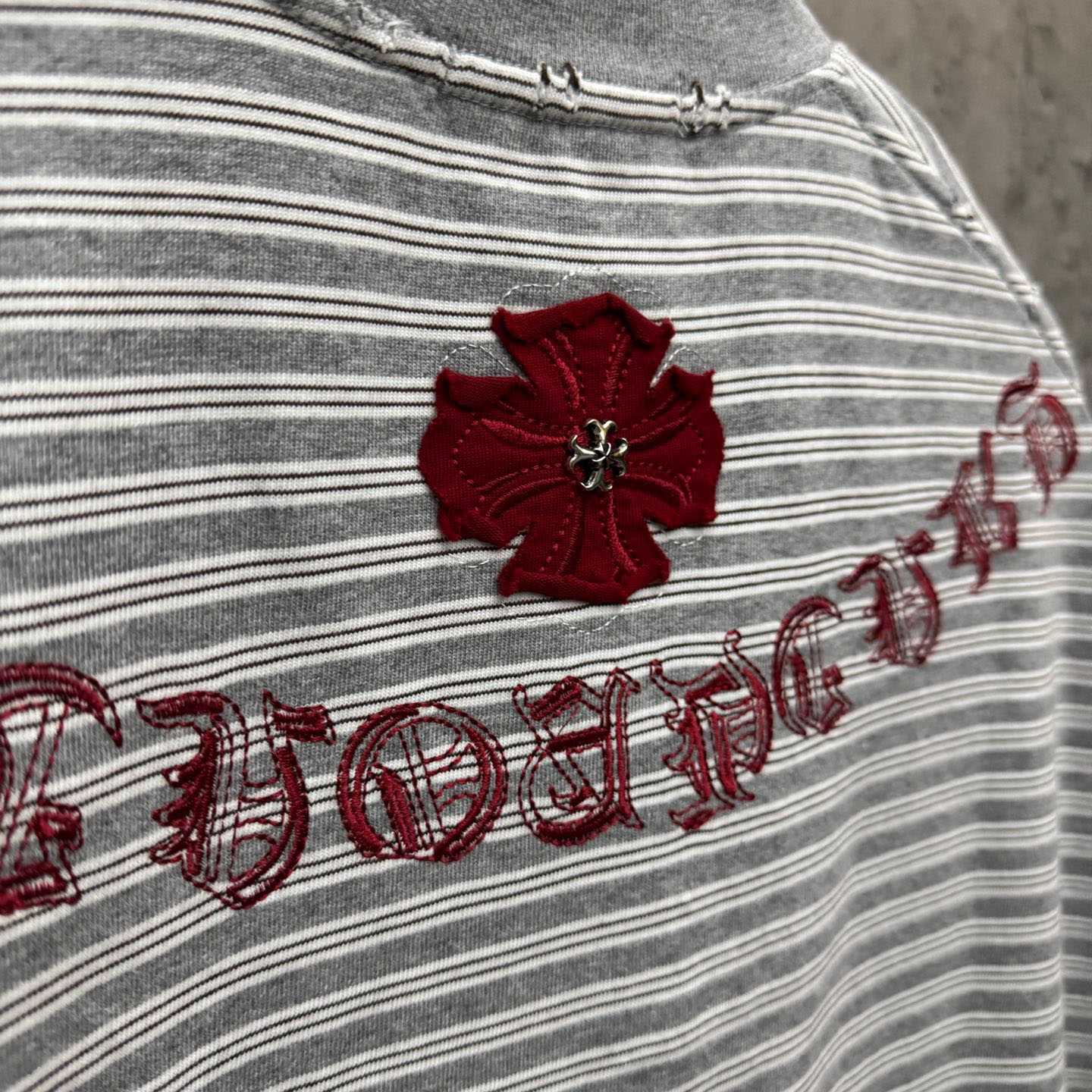 Chrome Hearts Striped Cross Sanskrit Embroidery Crew Neck T-Shirt - DesignerGu