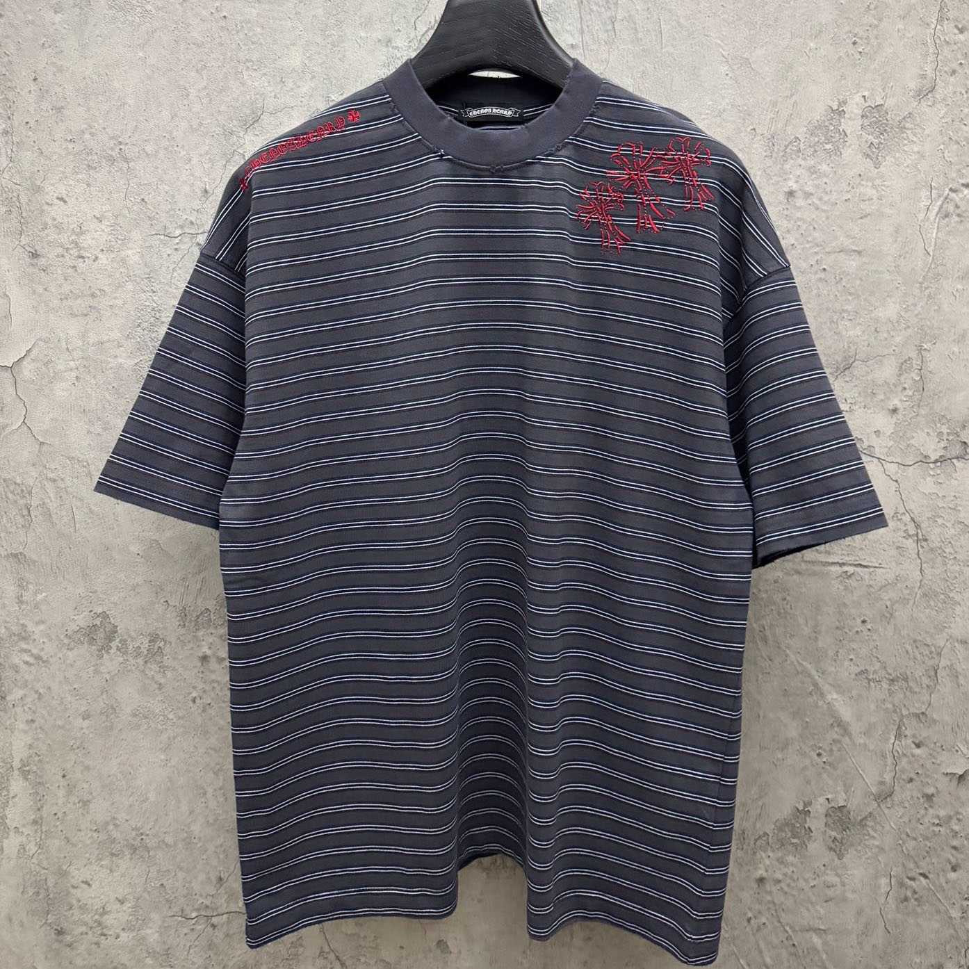 Chrome Hearts Striped Cross Sanskrit Embroidery Crew Neck T-Shirt - DesignerGu