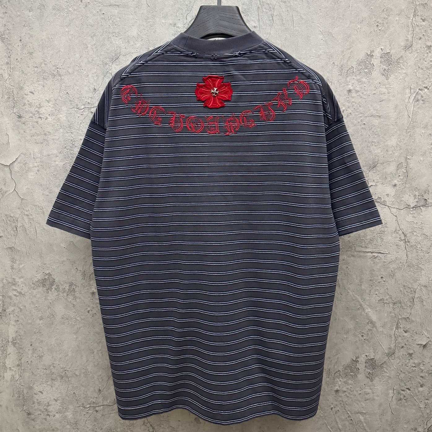 Chrome Hearts Striped Cross Sanskrit Embroidery Crew Neck T-Shirt - DesignerGu