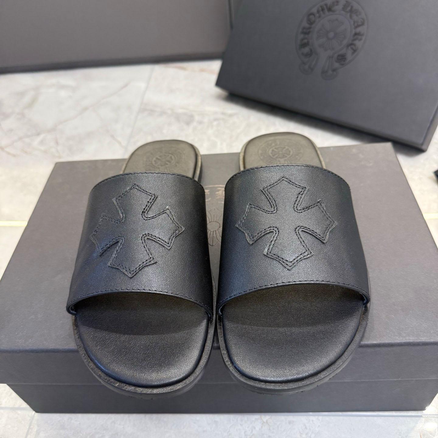 Chrome Hearts Black Leather Plus Slides / Sandals / Slippers - DesignerGu