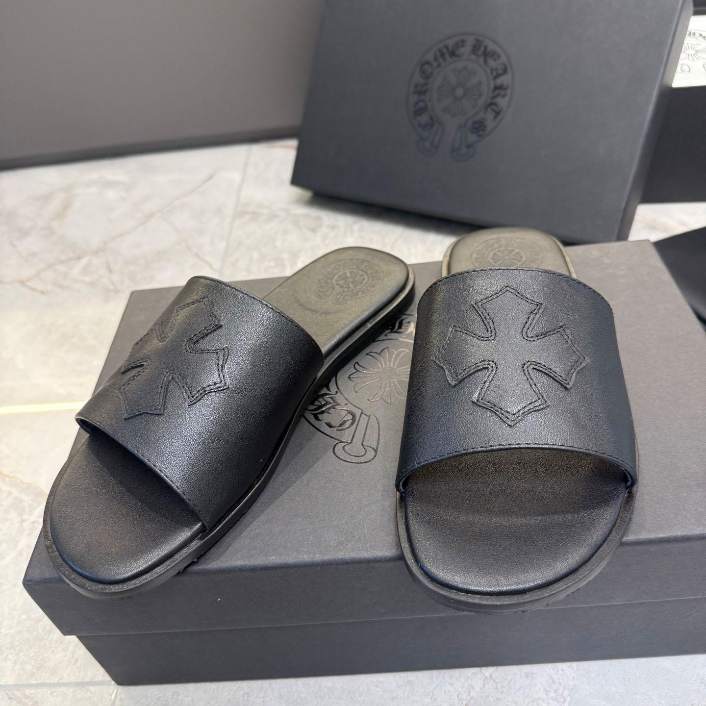 Chrome Hearts Black Leather Plus Slides / Sandals / Slippers - DesignerGu