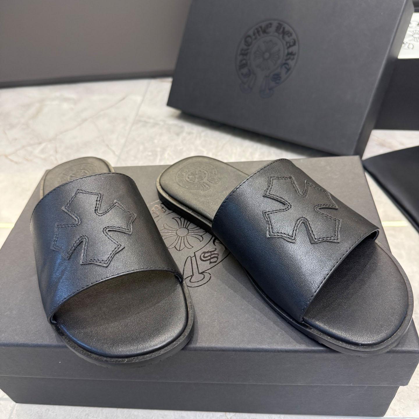 Chrome Hearts Black Leather Plus Slides / Sandals / Slippers - DesignerGu