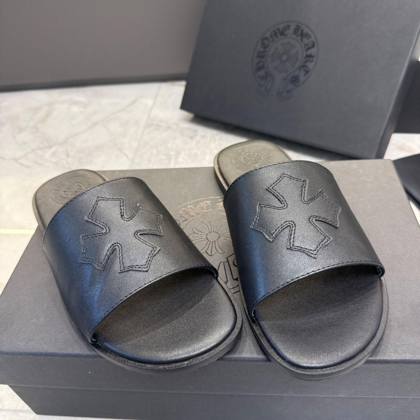 Chrome Hearts Black Leather Plus Slides / Sandals / Slippers - DesignerGu
