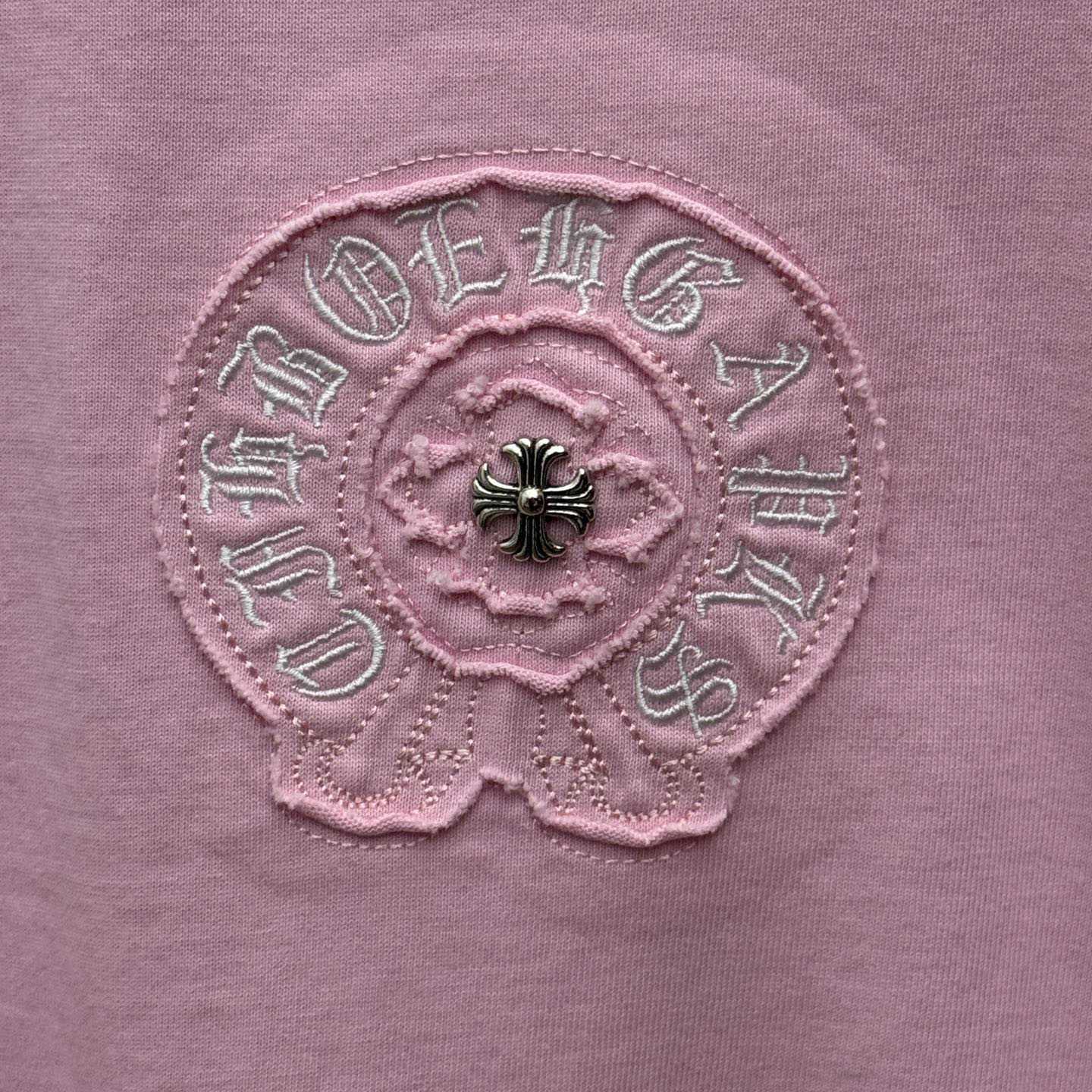 Chrome Hearts Pink Sanskrit Horseshoe Embroidered  T-Shirt - DesignerGu
