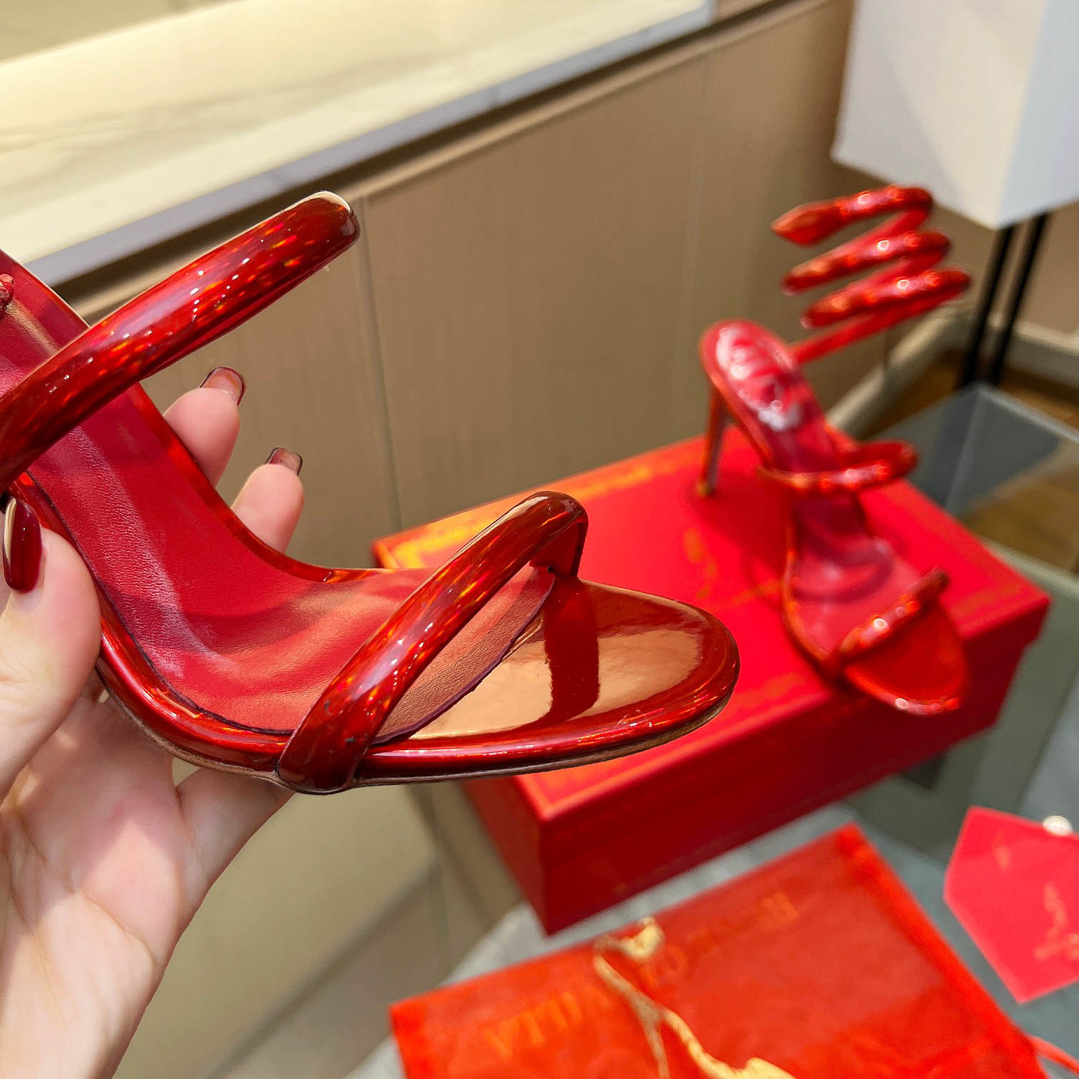 Rene Caovilla Metallic Red Leather Sandals - DesignerGu