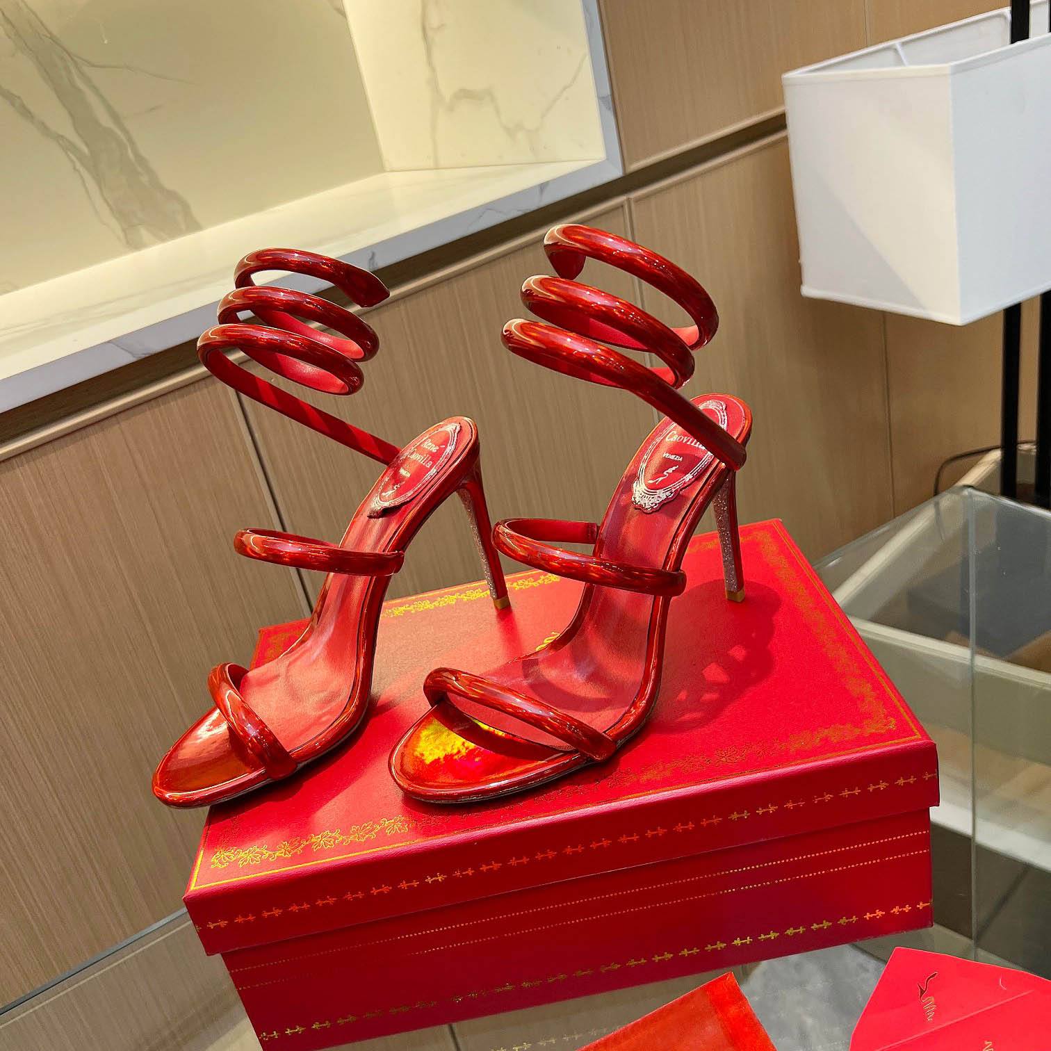 Rene Caovilla Metallic Red Leather Sandals - DesignerGu