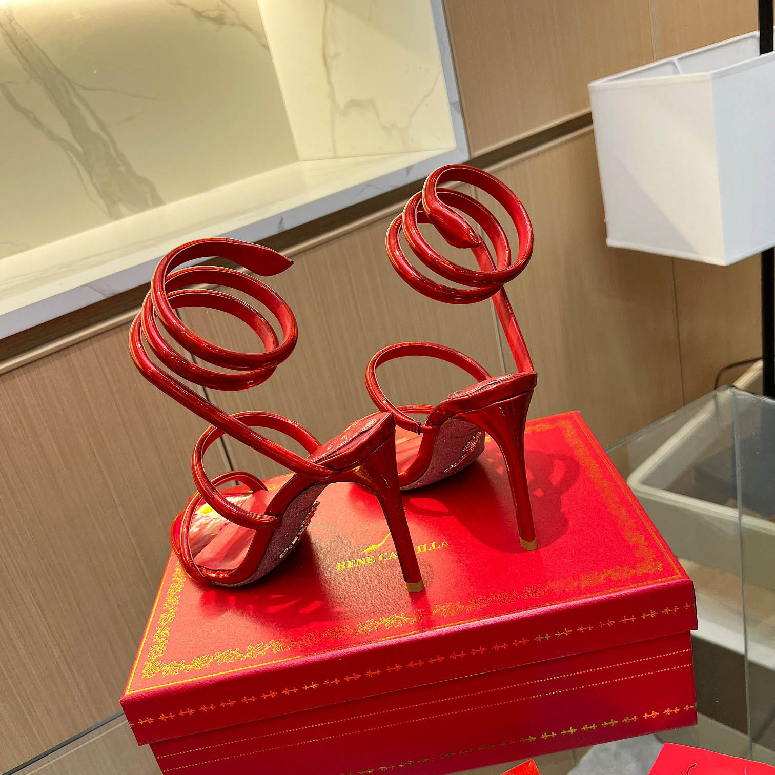 Rene Caovilla Metallic Red Leather Sandals - DesignerGu