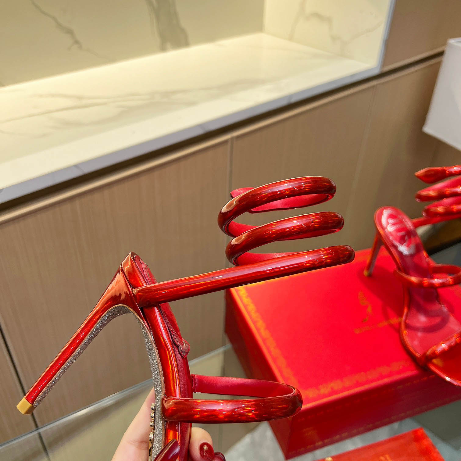 Rene Caovilla Metallic Red Leather Sandals - DesignerGu