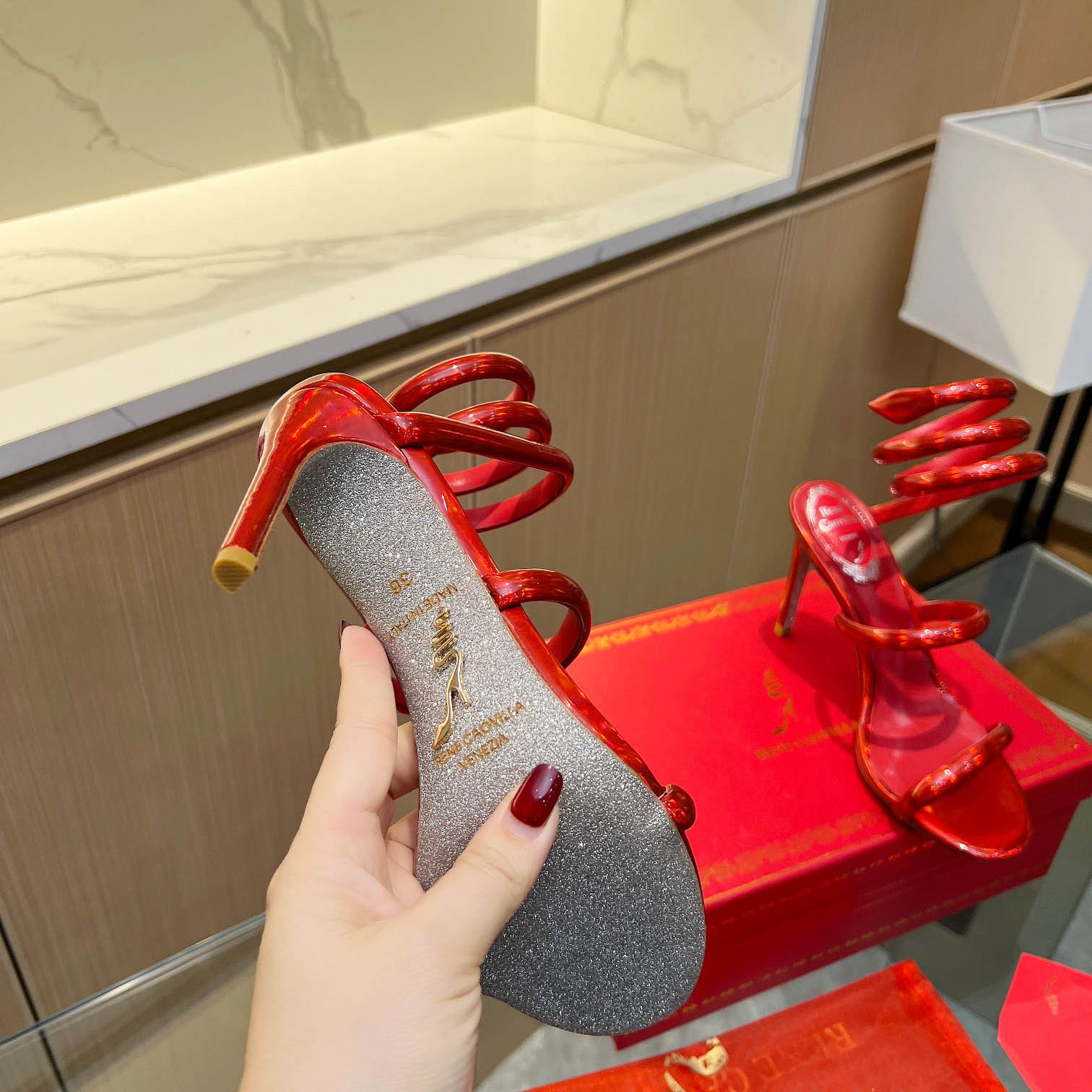 Rene Caovilla Metallic Red Leather Sandals - DesignerGu