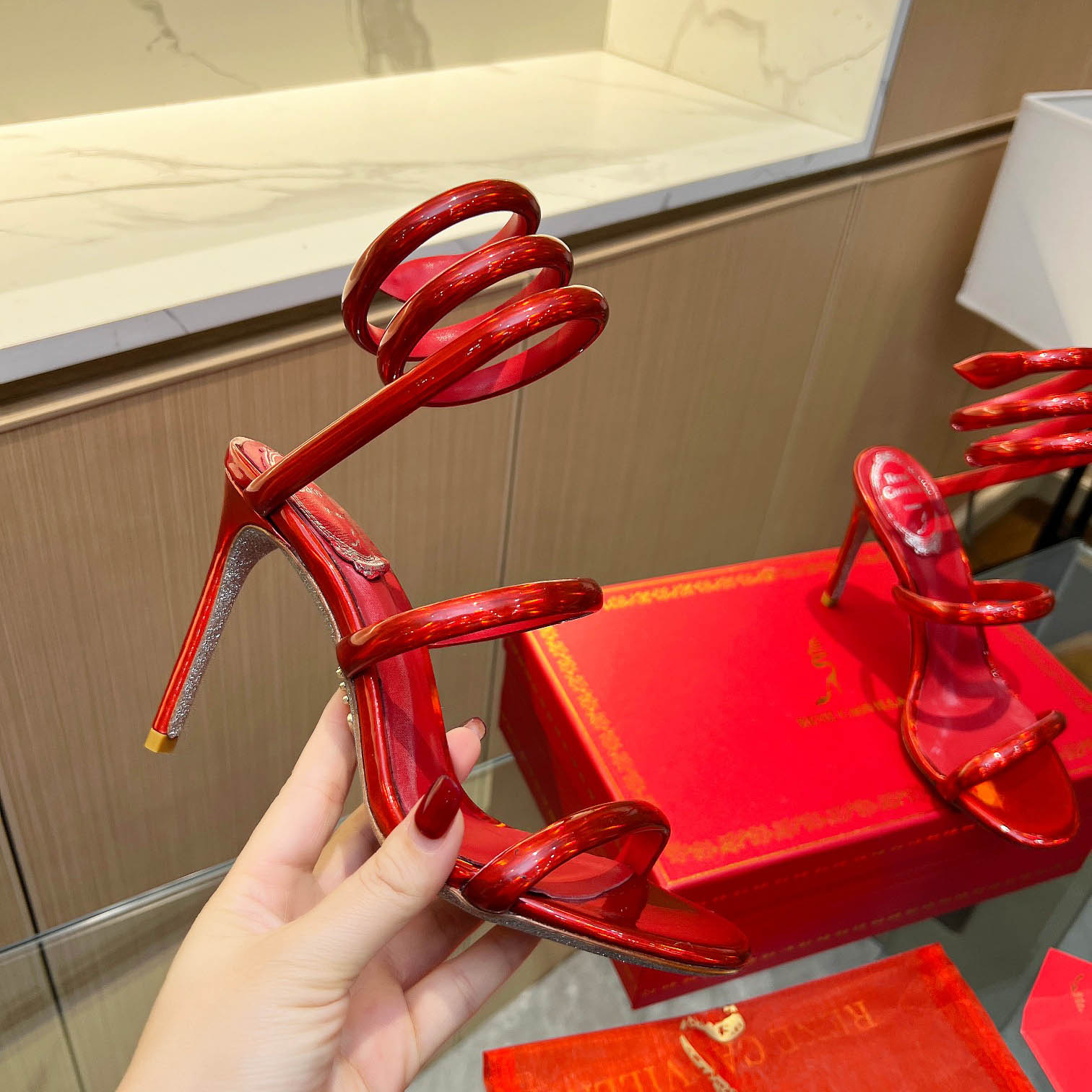 Rene Caovilla Metallic Red Leather Sandals - DesignerGu