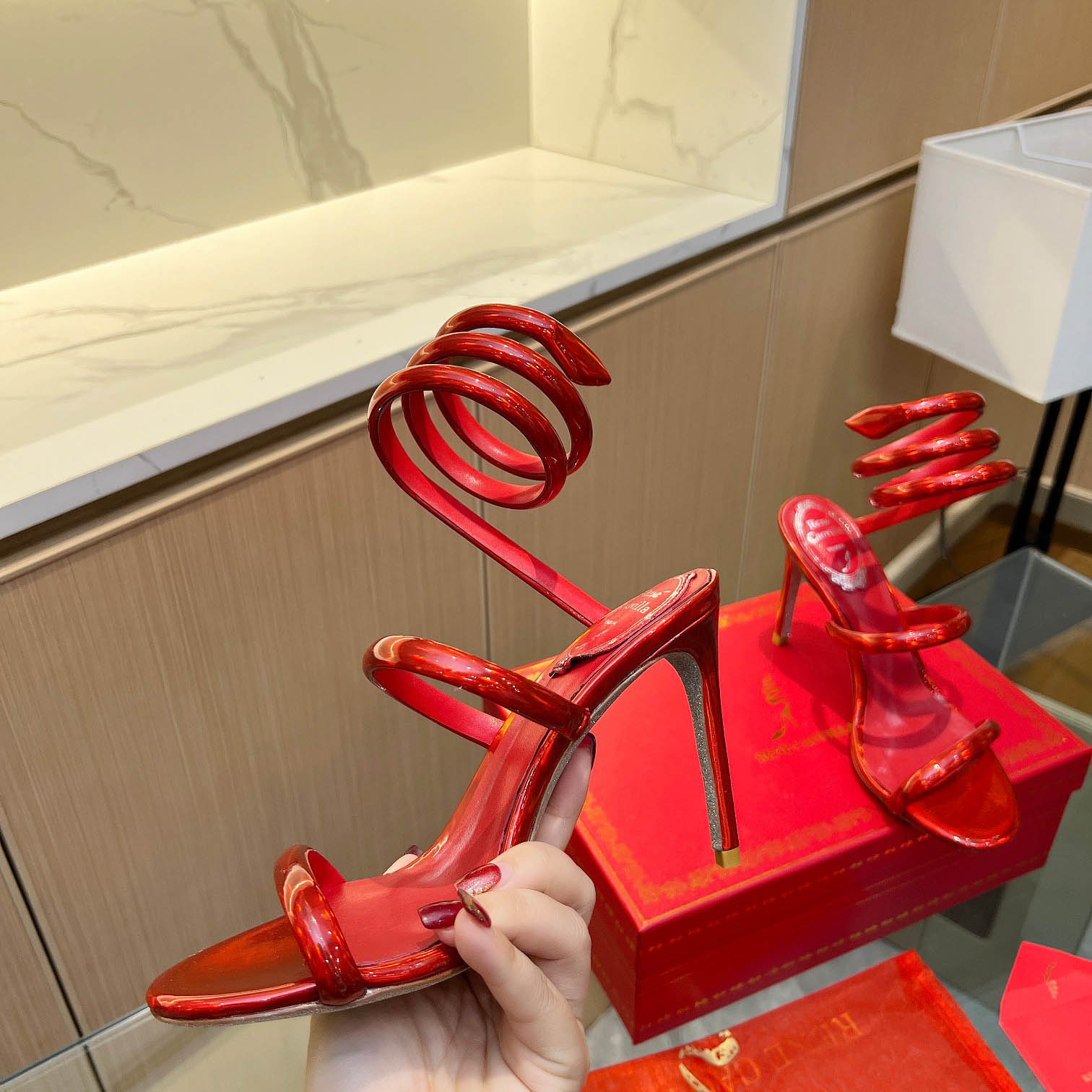 Rene Caovilla Metallic Red Leather Sandals - DesignerGu