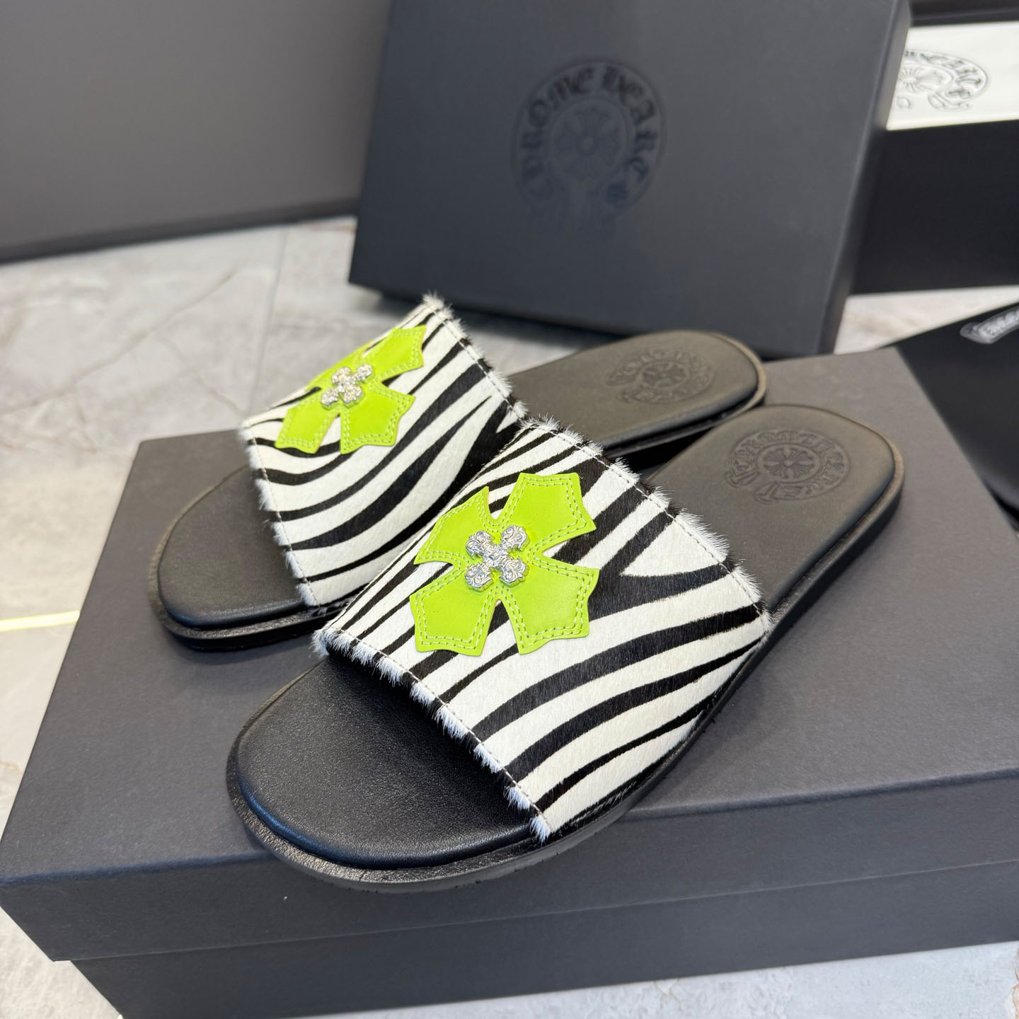 Chrome Hearts Cowhide Leather Slide Silver Accent  - DesignerGu