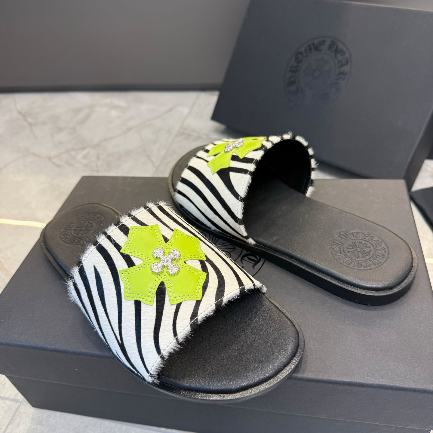 Chrome Hearts Cowhide Leather Slide Silver Accent  - DesignerGu