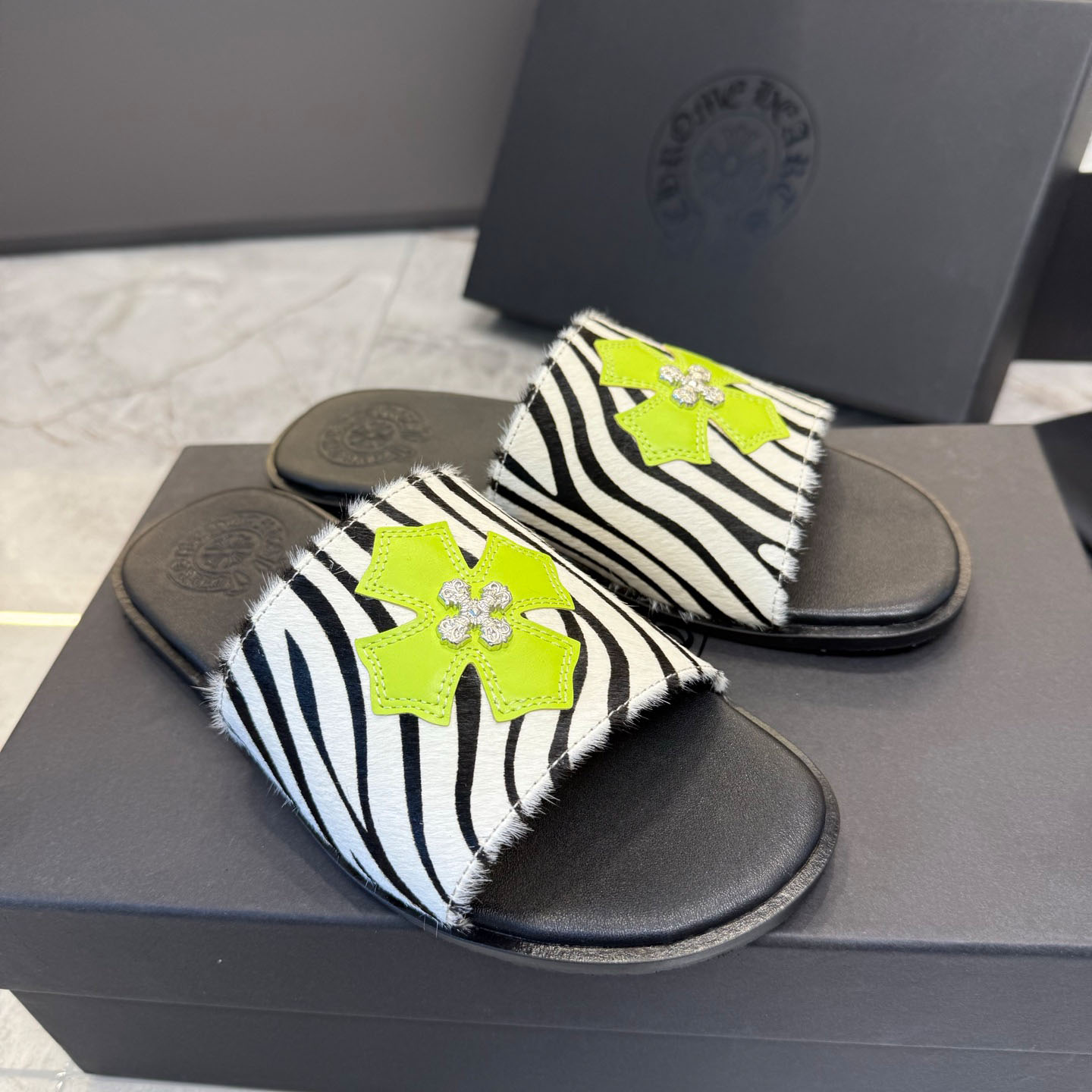 Chrome Hearts Cowhide Leather Slide Silver Accent  - DesignerGu