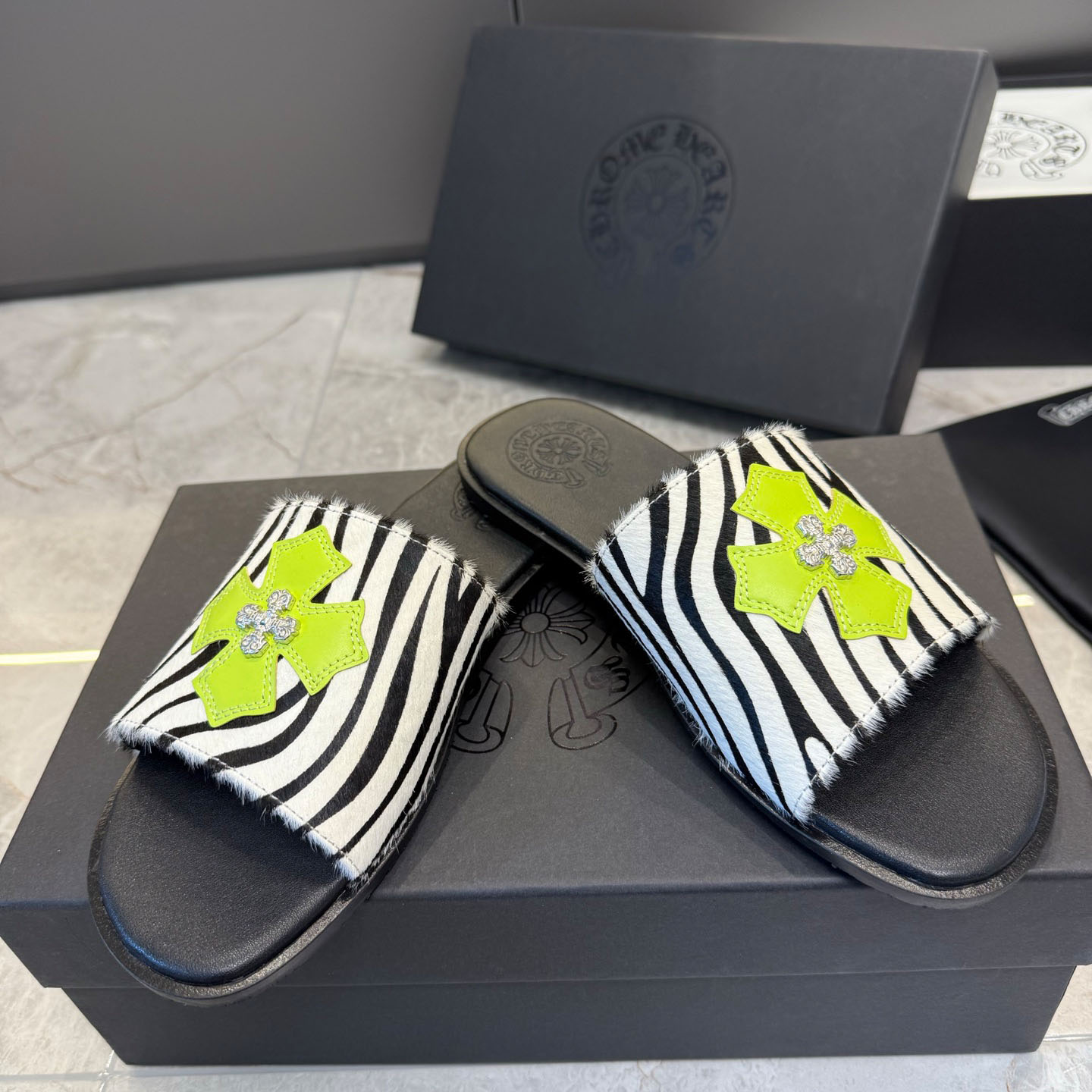 Chrome Hearts Cowhide Leather Slide Silver Accent  - DesignerGu