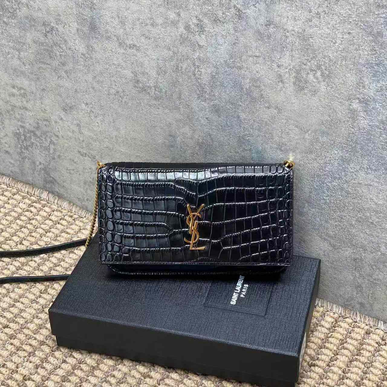 Saint Laurent CASSANDRE Phone Holder In SHINY Crocodile-Embossed Leather - DesignerGu