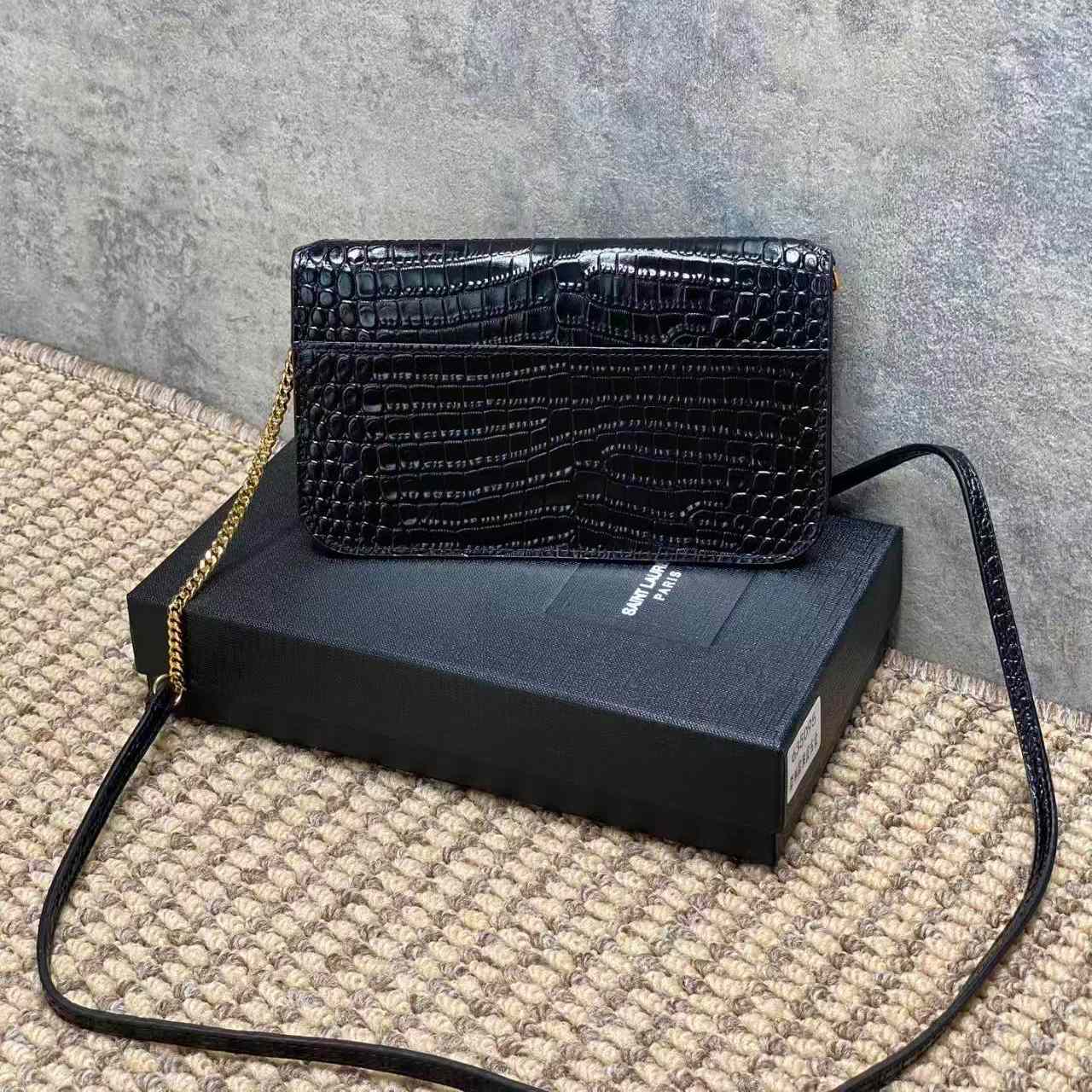 Saint Laurent CASSANDRE Phone Holder In SHINY Crocodile-Embossed Leather - DesignerGu