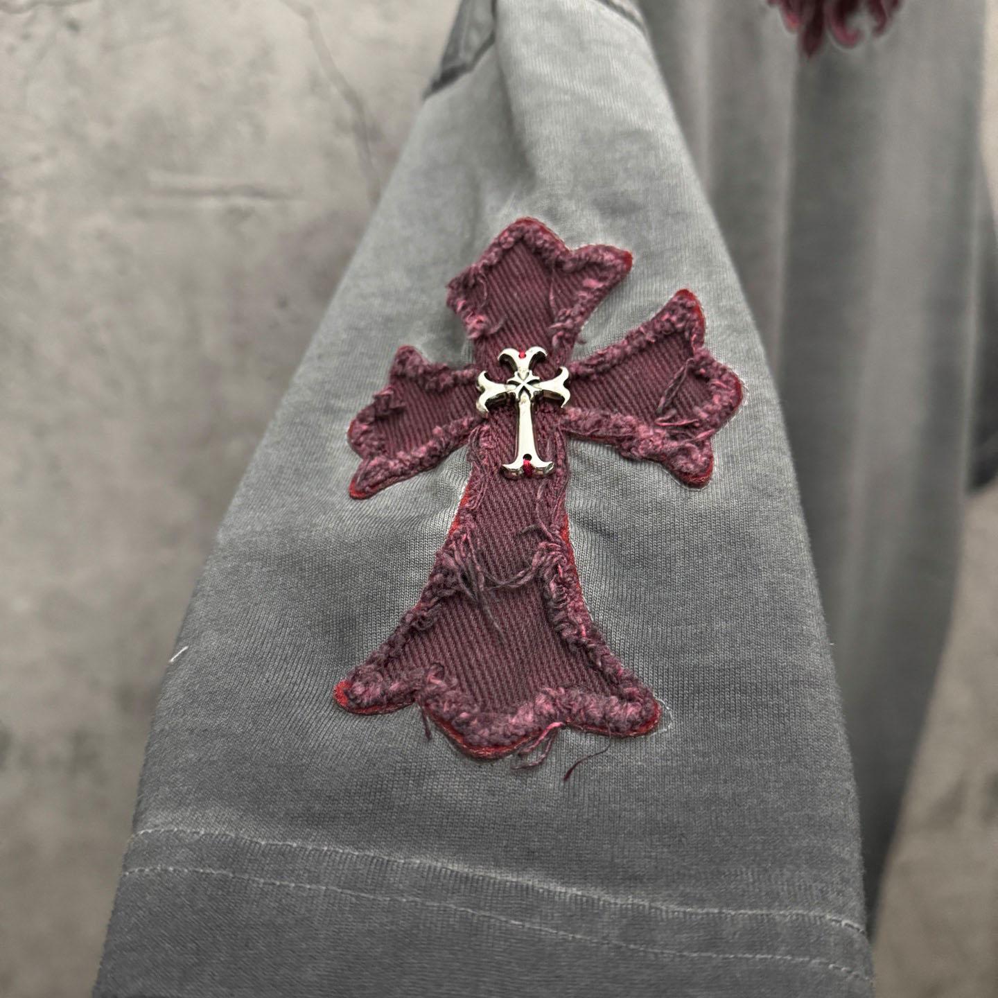 Chrome Hearts Grey Hand-Embroidered Distressed Cross  Crewneck Tee - DesignerGu